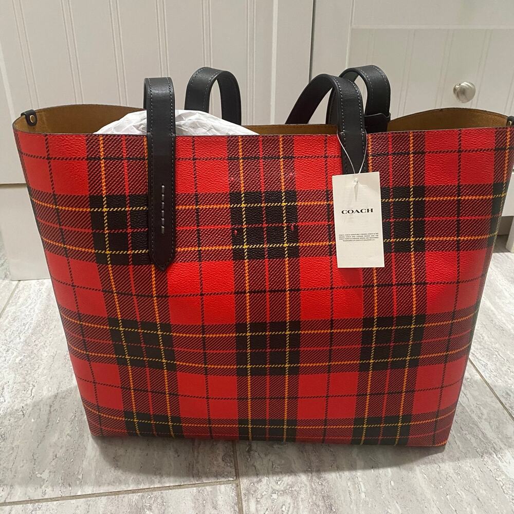 NWT Coach Highline Plaid Print Coated Canvas Large Tote Bag